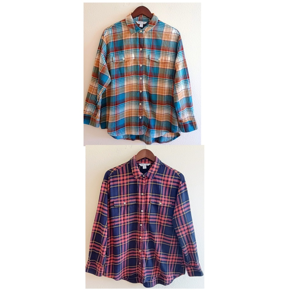 Old Navy Boyfriend Shirt Bundle of 2 Flannel Plaid Button Down Tops Large Blue